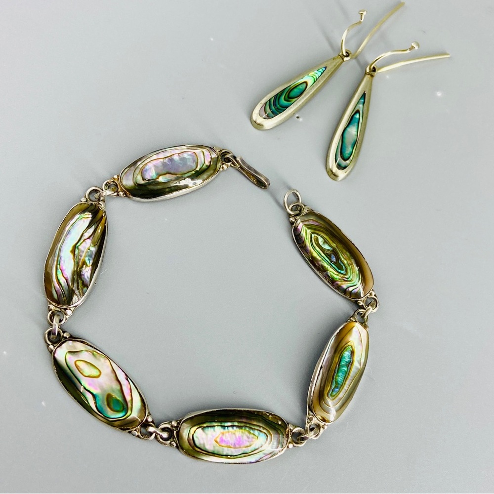 Vintage Abalone Shell Sterling Silver Link Bracelet w/ Matching Alpaca Earrings